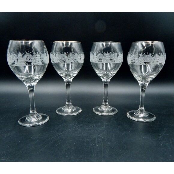 Libbey Arbys Christmas White Frosted Pine Tree Wine Glasses Goblets Gold  Rim S/4